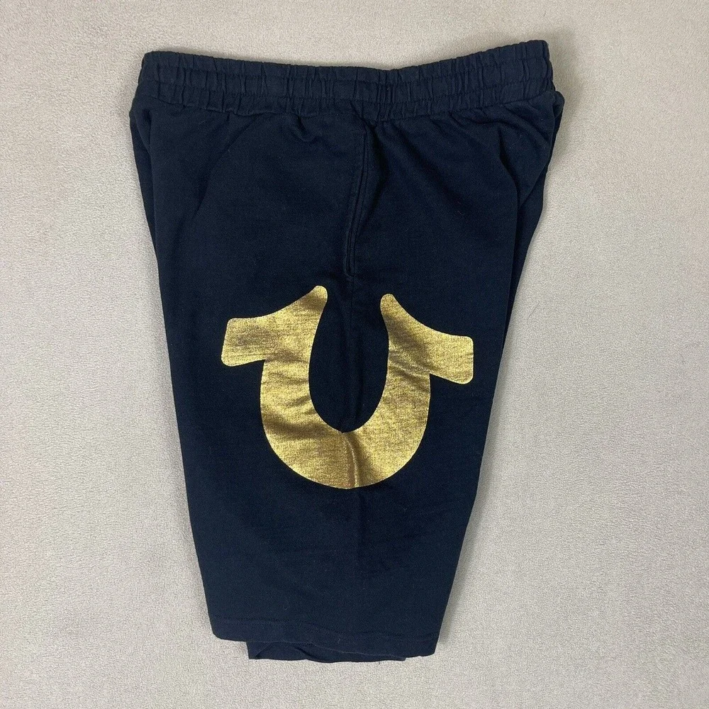 True Religion Shorts Mens‎ Large Black Athletic Gold Logo Gym Workout Adult